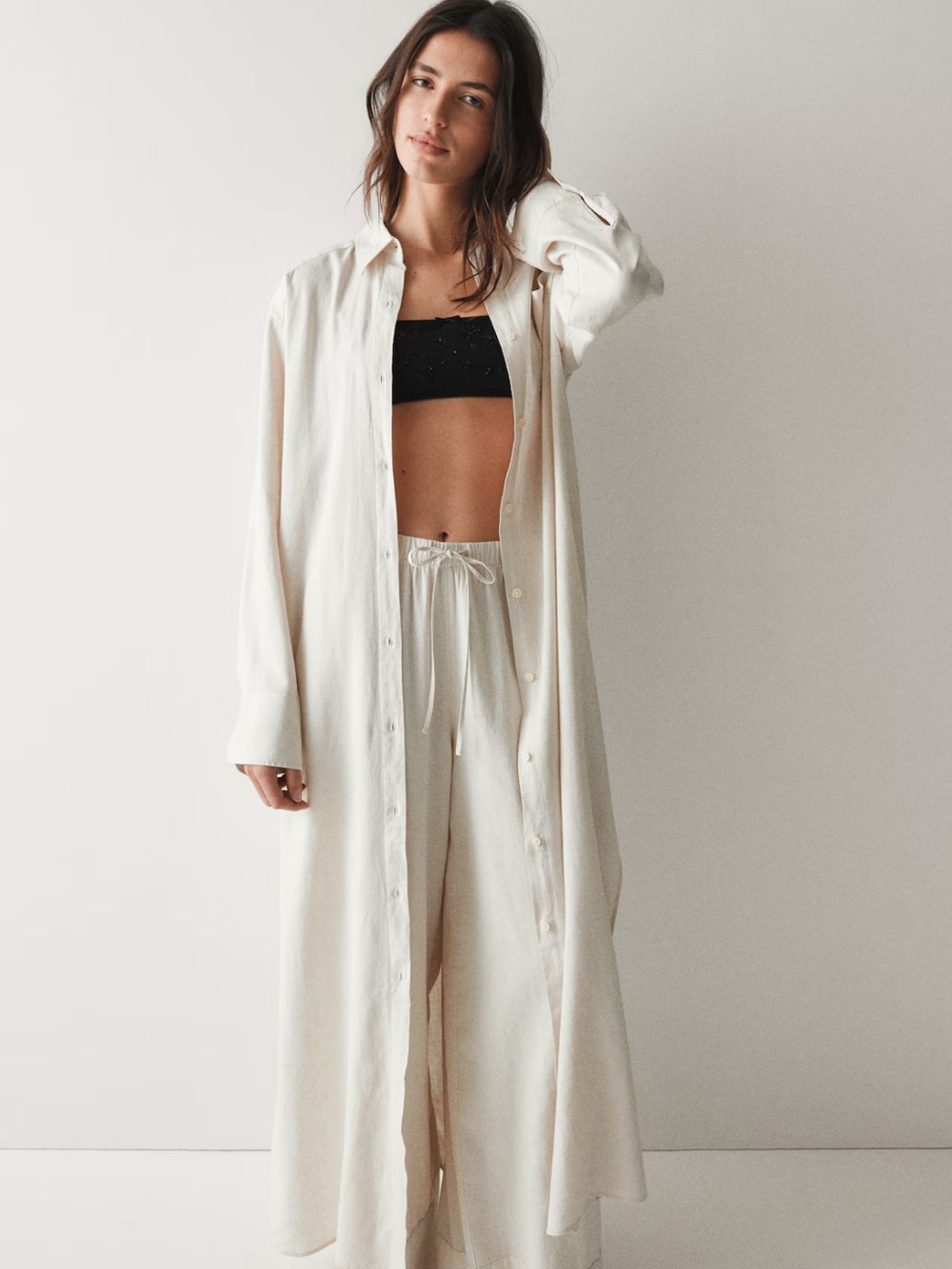 H&M Cream Long Button-Front Maxi Shirt Dress